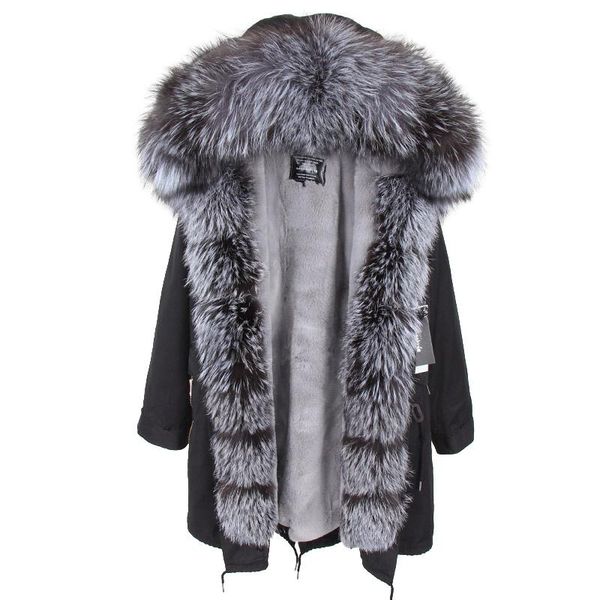 

women's fur & faux 2021 fashion outwear winter jacket women real coat natural collar hooded liner sliver long parka, Black