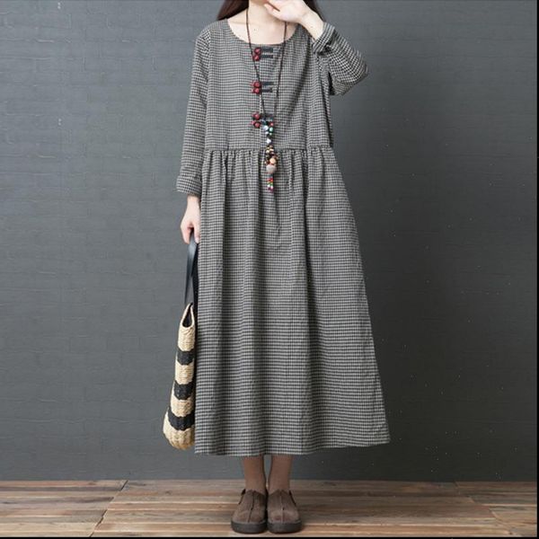 

black plaid long spring women dress loose sleeve plus size cotton o neck chinese button, Black;gray