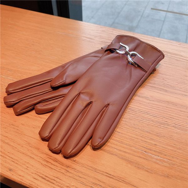 

luxury design women style waterproof metal ring decorate leather gloves for gift, Blue;gray