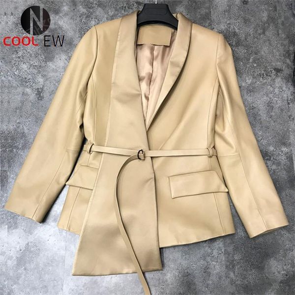 

women's leather & faux office ladies elegant suit jacket designer asymmetrical real sheepskin coat fashion sashes slim fit short jacket, Black
