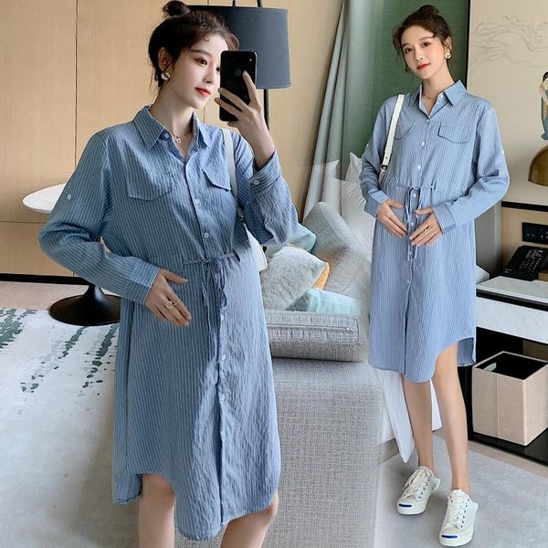 

6925# 2021 spring summer vertical stripes maternity blouses dress ties waist slim clothes for pregnant women casual pregnancy dresses, White