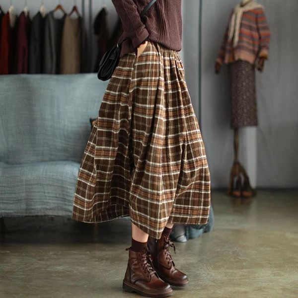 

skirts gonna a pieghe trapezio scozzese autunnale donna gonne larghe vita elastica longuette mori girl offiial store, Black