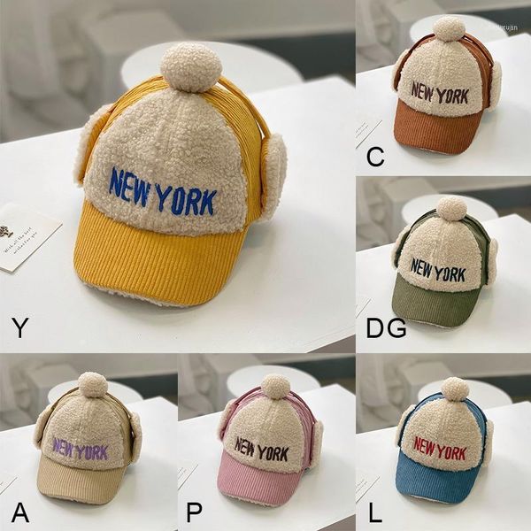 

winter corduroy color matching cap, children's embroidered warm ear fashion baseball brown1, Yellow