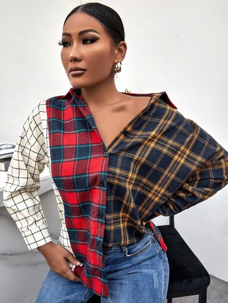 

sxy plaid print drop shoulder colorblock blouse h92p#, White
