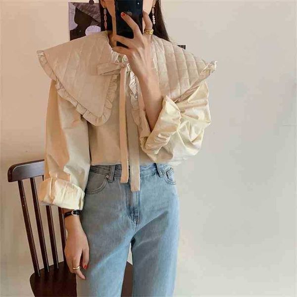 

women chic shirts spring solid sweet retro french gentle long sleeves elegance loose blouse female 210525, White
