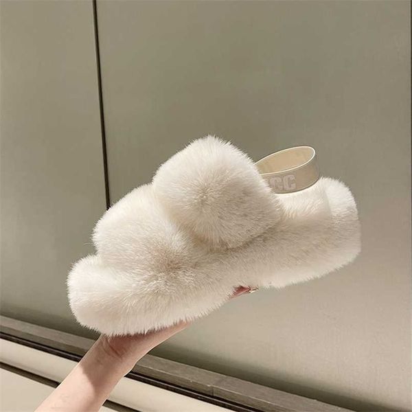 

winter women fur slippers house full furry shoes fluffy plush platform heel slides luxury designer casual ladies 211020, Black
