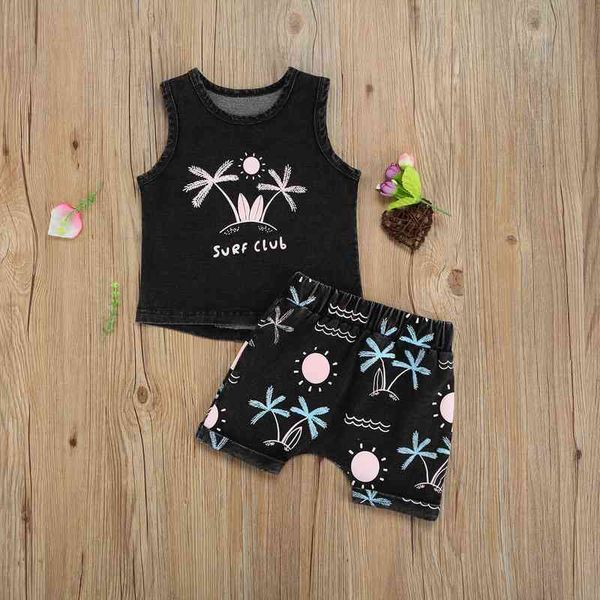 

0-5y summer causal boys clothes sets beachwear trees printed sleeveless pullover vest shorts, White