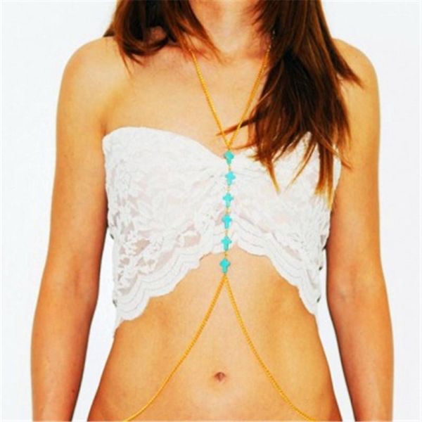 

chains fashion sideways cross stone chain necklace for women gold color bodychain female bikini jewelry woman party gifts, Silver