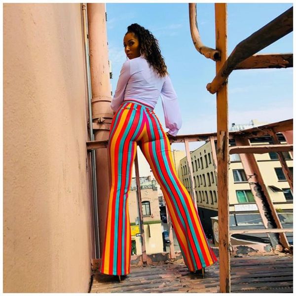 

women's pants & capris bkld women 2021 summer high waist flare boho colorful striped bell bottom trousers clubwear beach style, Black;white