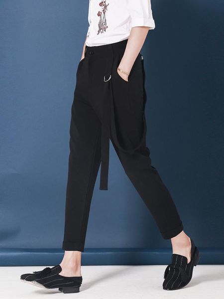 

original sash decoration asymmetrical trim tapered foot nine minute pants men's korean style stylist trend. s-6xl, Black