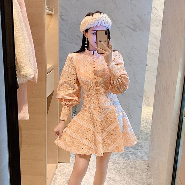 

casual dresses women elegant mini dress high waist o-neck long lantern sleeve embroidery single breasted a-line, Black;gray