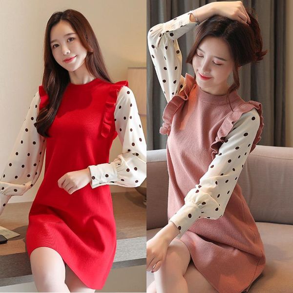 

women dress fashion dot chiffon long sleeve o neck ruffle female casual 2021 dresses, Black;gray