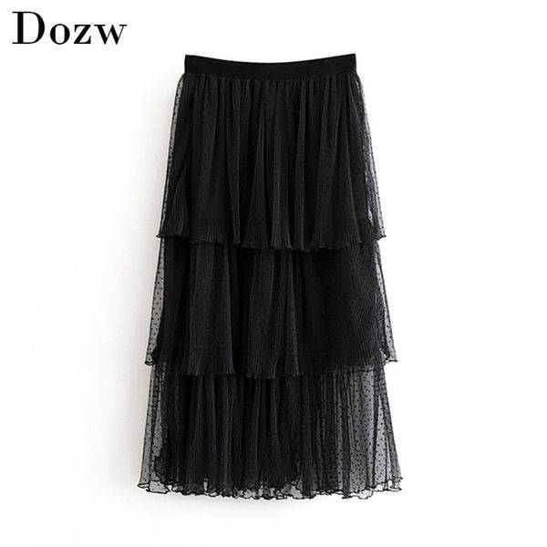 

women chic lace mesh skirt multi layered ruffled ladies midi s casual elastic waist elegant straight 210515, Black