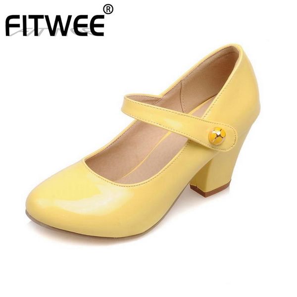 

dress shoes fitwee 8 colors lady high heels pumps round toe patent leather thick heeled women candy footwear size 32-43, Black