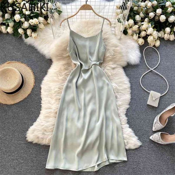 

korean solid satin spaghetti strap dress sleeveless v-neck slim waist elegant sling dresses vestidos 6h763 210603, Black;gray