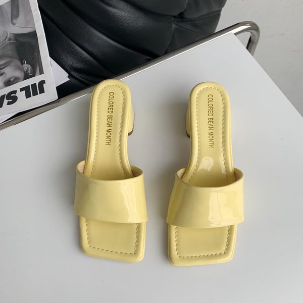 

shoes women square toe slippers heels luxury slides pantofle soft high designer 2021 block basic patent leather pumps pu rome f, Black