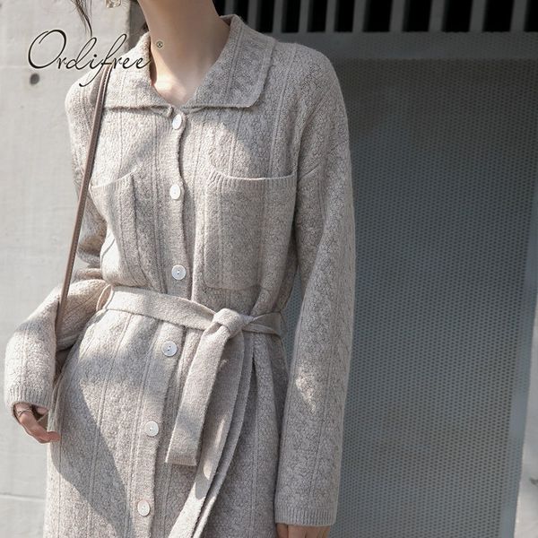 

autumn winter women knitted long sleeve vintage belted thick warm sweater dress 210415, Black;gray