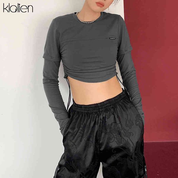 

t shirt high street casual long sleeve drawstring female autumn fashion streetwear solid cotton t shirt women, White