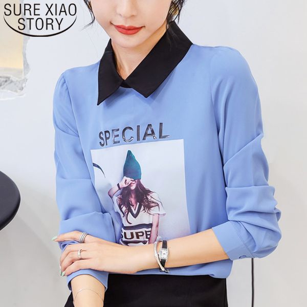 

autumn casual chiffon blouses long sleeve peter pan collar printing cute fashion clothing women 5701 50 210415, White