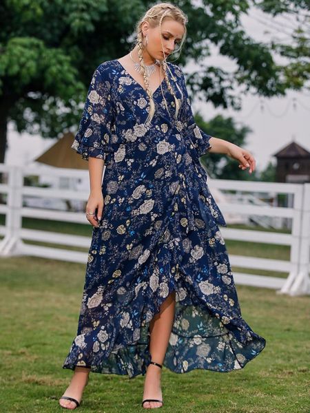 

plus size dresses women summer chiffon dress fashion v neck ruffles sleeve floral print boho beach maxi wrap vestidos, Black
