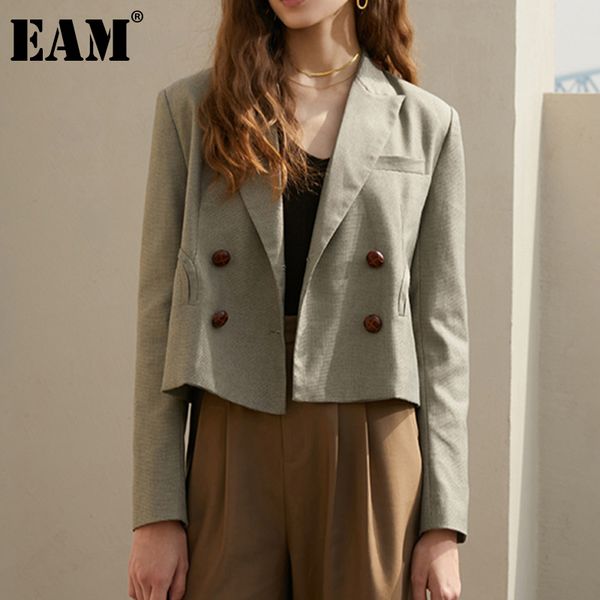 

[eam] women gray short blazer lapel double breasted long sleeve loose fit jacket fashion spring autumn 1dd6176 21512, White;black