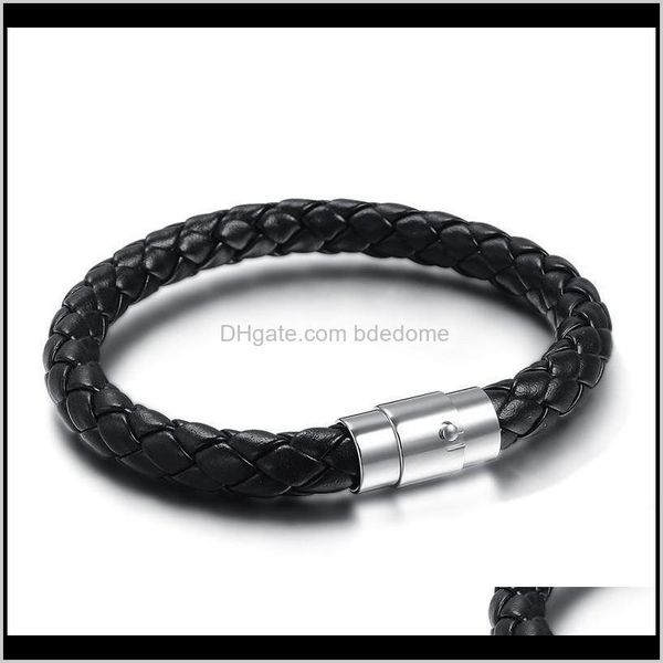 

charm bracelets drop delivery 2021 classic black braided leather for men male jewelry stainless steel magnetic clasp bracelet qanzk, Golden;silver