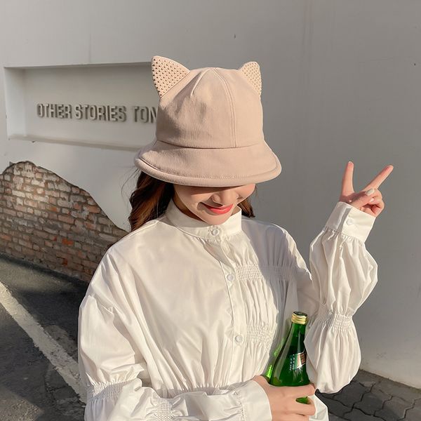 

hat female spring and summer versatile cartoon cat fisherman's hat, Blue;gray