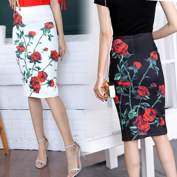 

skirts 2021 korean vintage print midi pencil skirt women girl clothes spring summer bangdage jupe harajuku wrap high waist, Black
