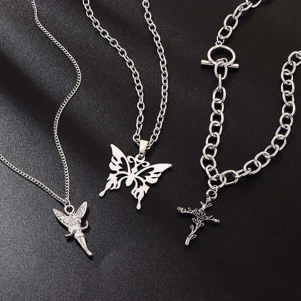 

chokers 2021 3 layers hip hop cool silver color cross choker necklaces for women simple butterfly angel long pendant necklace jewelry, Golden;silver