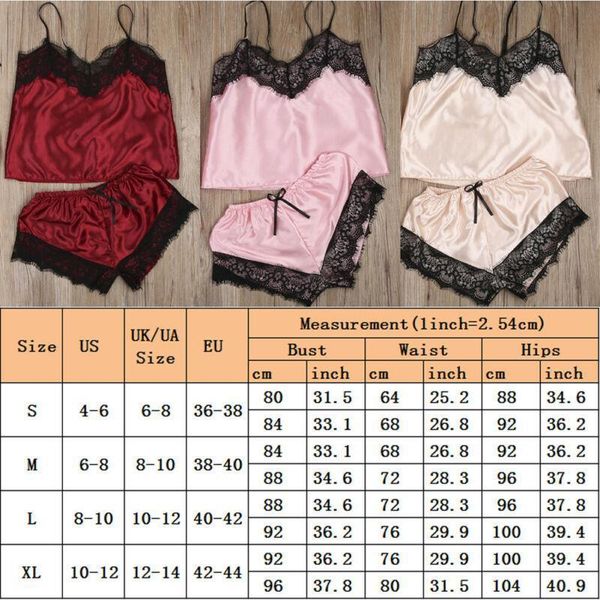 

women sleepwear ladies satin lace mesh babydoll lingerie nightwear shorts pjs pyjamas sets, Black;red