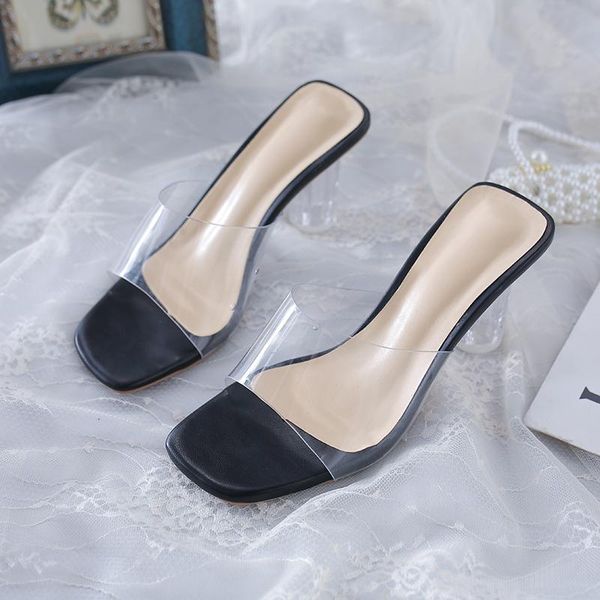 

dress shoes clear heels slippers women sandals summer transparent ladies sapatos femininos zapatillas mujer casa, Black