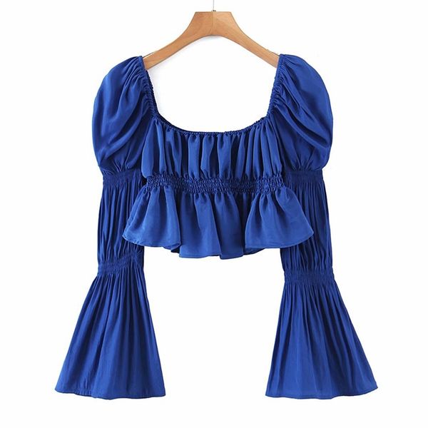 

women solid color flare sleeve blouse square neck fashion crop female holiday summer blusas roupas 210514, White
