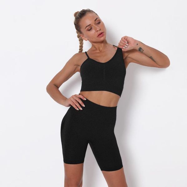 

yoga outfit wear short set women sling gathering sports bras 2021 backless cropped high waist biker shorts 2 piece gym clothing