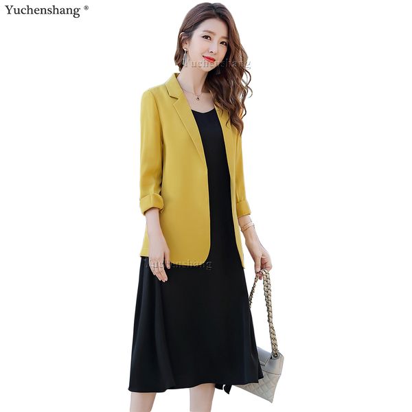 

casual dresses fashion women girl skirt suit solid three quarter sleeve blazer jacket with knee length yellow white two piece set lliy, Black;gray