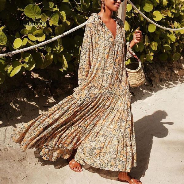 

casual dresses boho floral dress women v-neck long sleeve vintage maxi ruffle loose vestido autumn robe femme plus size, Black;gray