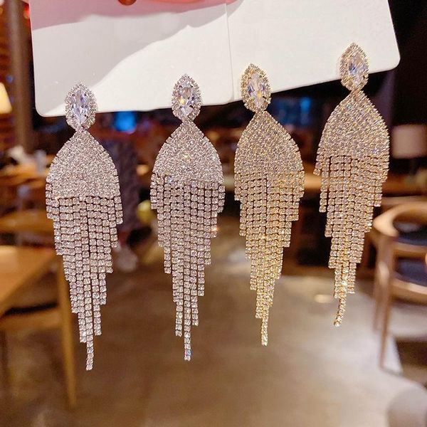 

dangle & chandelier statement big shinning rhinestones tassel long drop earrings high grade women fashion jewelry, Silver