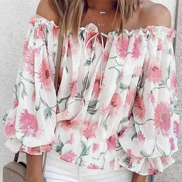 

women's knits & tees plus size 5xl off shoulder women blouses summer ruffles lace up lantern sleeve blouse floral print ladies to, White