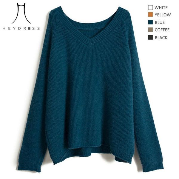 

women's sweaters heydress 2021 winter women solid soft warm sweater lady v-neck long sleeve korean style knitted pullover female loose, White;black