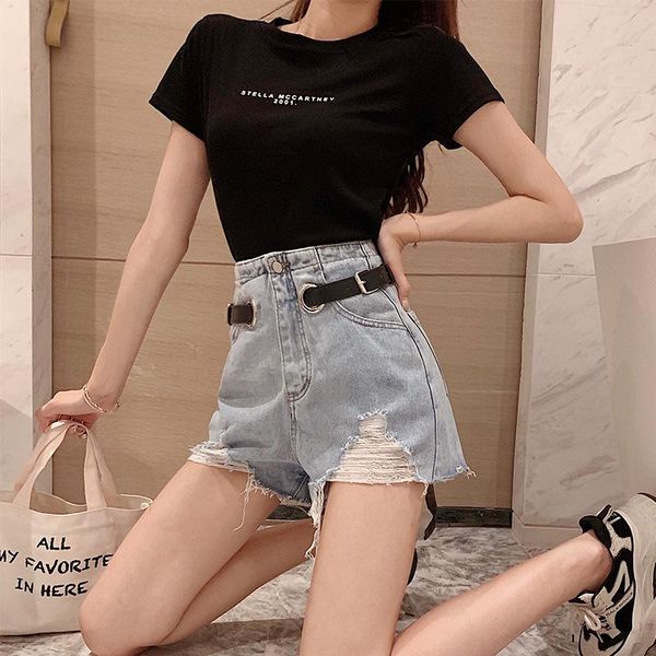 

women's jeans hole denim shorts female summer 2021 loose thin wild high waist with belt pants style type fit, Blue