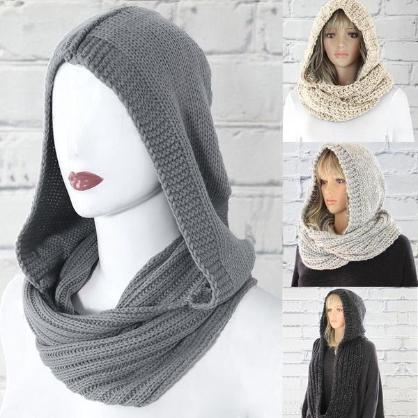 

women winter crochet knit hood infinity scarf outdoor windproof warm long shawl wrap solid color earflap hat neck warmer scarves, Blue;gray
