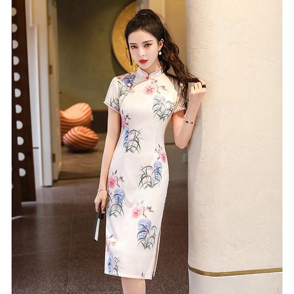 

ethnic clothing lady elegant print medium length cheongsam exquisite vintage button trim classic chinese dress spring summer slim qipao, Red
