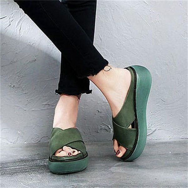 

women's summer sandals beach slippers casual style soft leather wedges platform wild high-heeled, Black