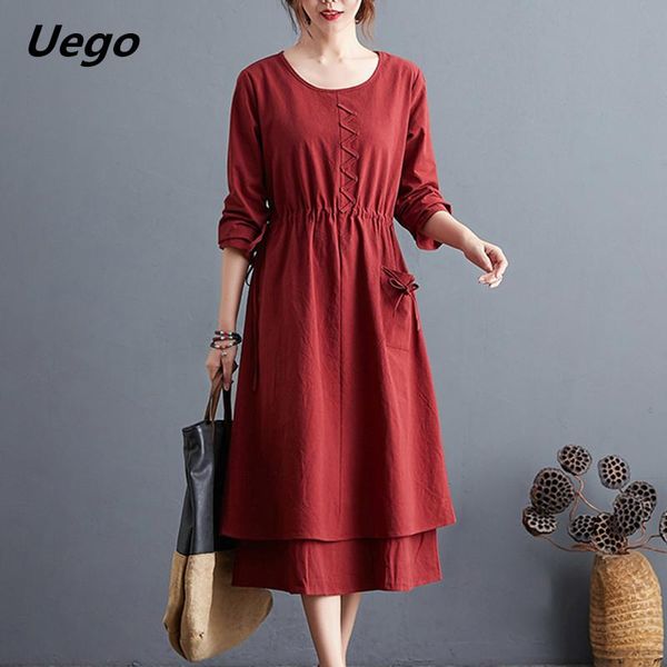 

uego long sleeve autumn dress solid color loose cotton linen women slim office lady work female casual dresses, Black;gray