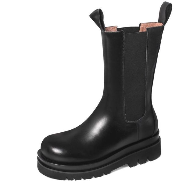 

autuspin women genuine leather platform chunky heels winter fashion slip-on lazy shoes female party prom warm slim boots 2z1u, Black