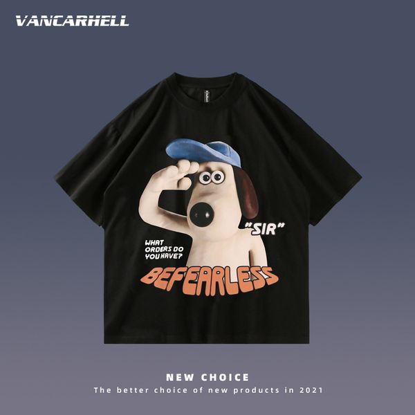 

tee polo sleeve t-shirt men's fashion cartoon dog print t-shirt 2021 oversize loose student couple, White;black