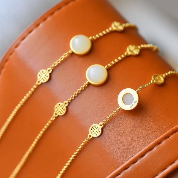 

link, chain bracelet natural hetian white jade s925 sterling silver mosaic ancient gold craft lasting color retention simple, Black