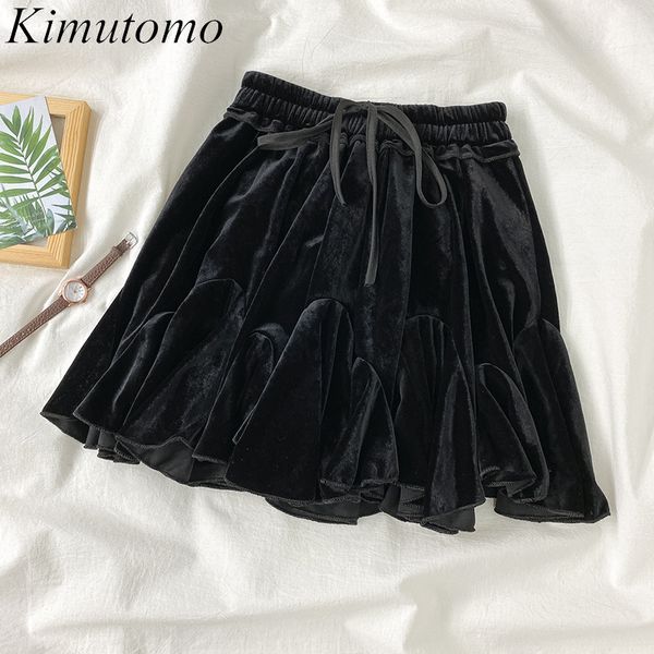 Kimutomo Frühling Mode Samt Mini Rock Frauen Solid Black Hohe Taille Spitze-up A-linie Röcke Casual Jupe Femme 210521