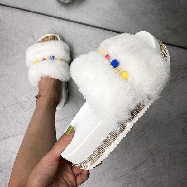 

slippers summer fur rhinestone shoes women slides sandals fashion platform ladies fuzzy flip flops warm winter 42 43, Black