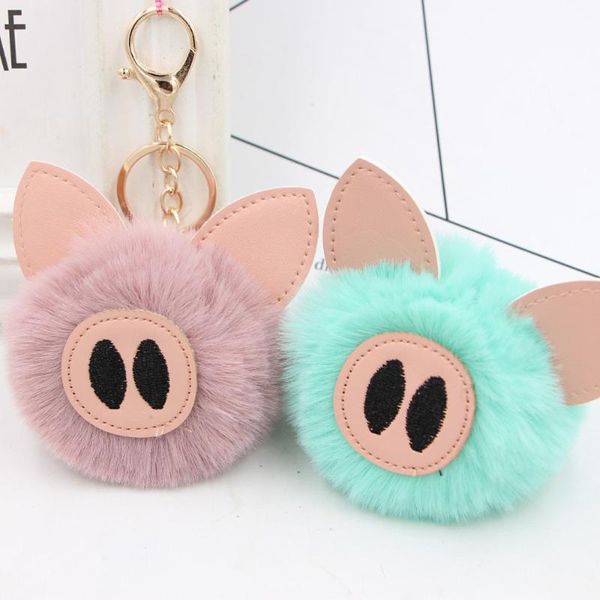 

keychains piggy pig fur ball keyrings animal leather trinkets for car key chains chain accessories cute, Silver