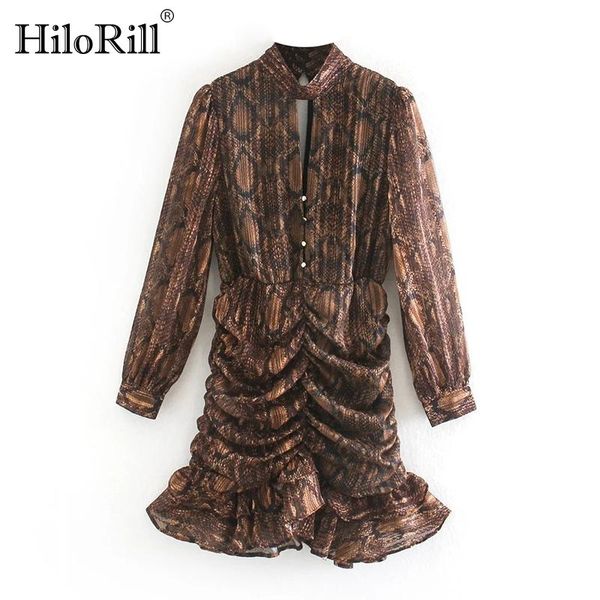 

casual dresses hilorill chic snake print mini dress hollow out stylish party bodycon lady transparent sleeve pleated sexy, Black;gray
